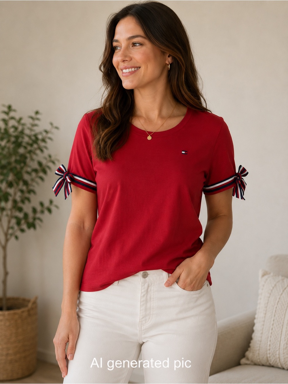 Tommy Hilfiger Red Short Sleeve Tee with Striped Knot Sleeves